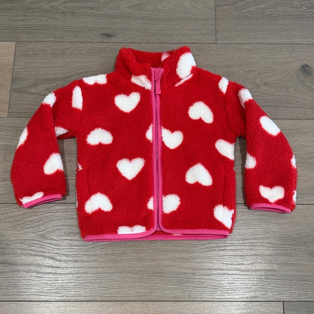 JUMPING BEANS Red White Heart Pink Sherpa‎ Full Zip Cozy Jacket Size 3T